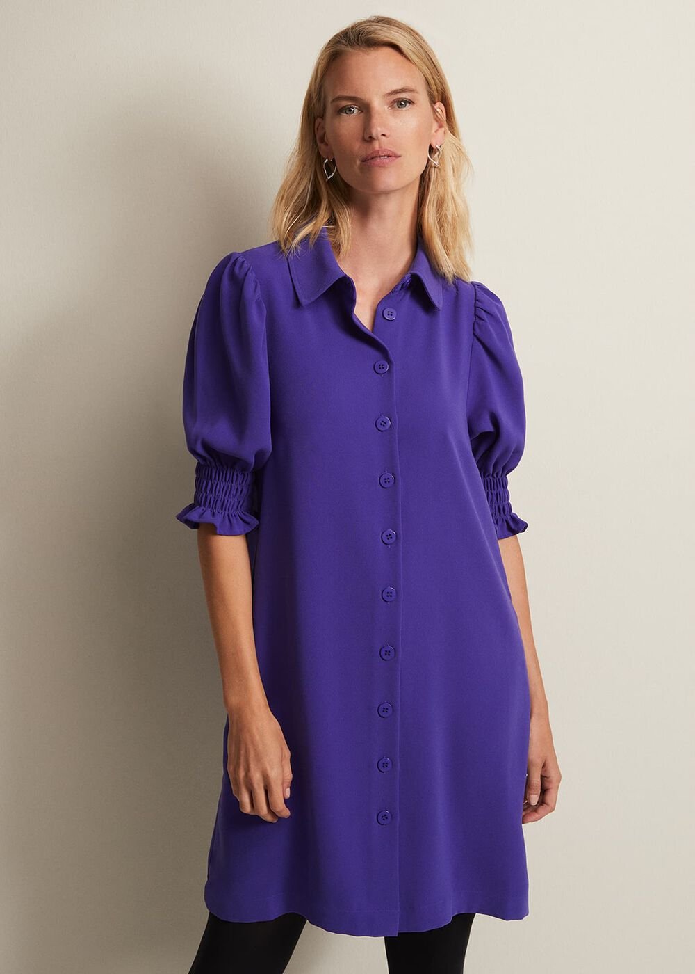 Purple Button Up Midi Dress With Ruched Sleeves - Purple