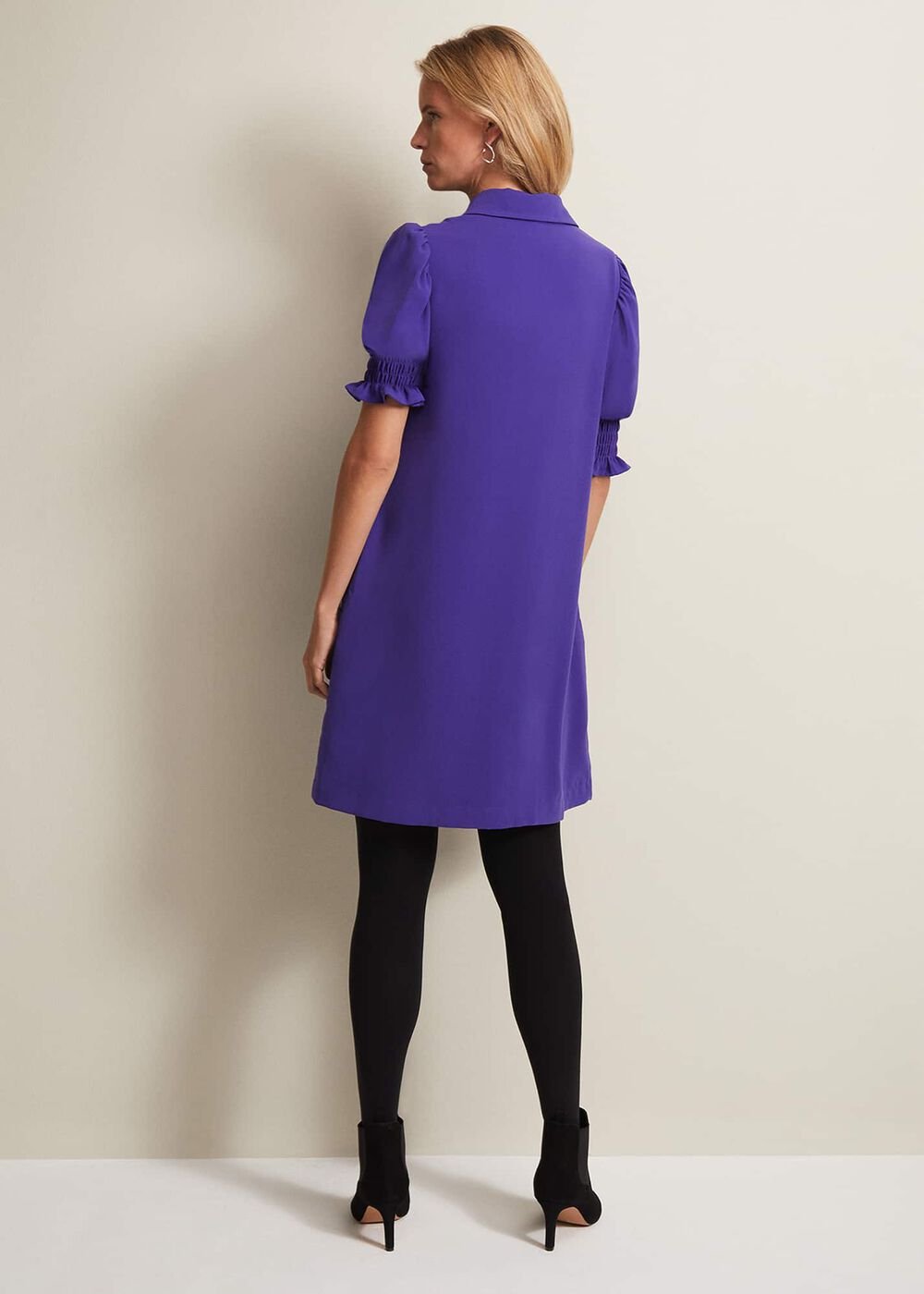 Purple Button Up Midi Dress With Ruched Sleeves - Purple