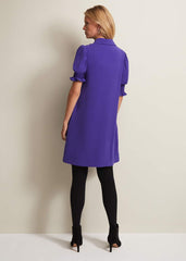 Purple Button Up Midi Dress With Ruched Sleeves - Purple