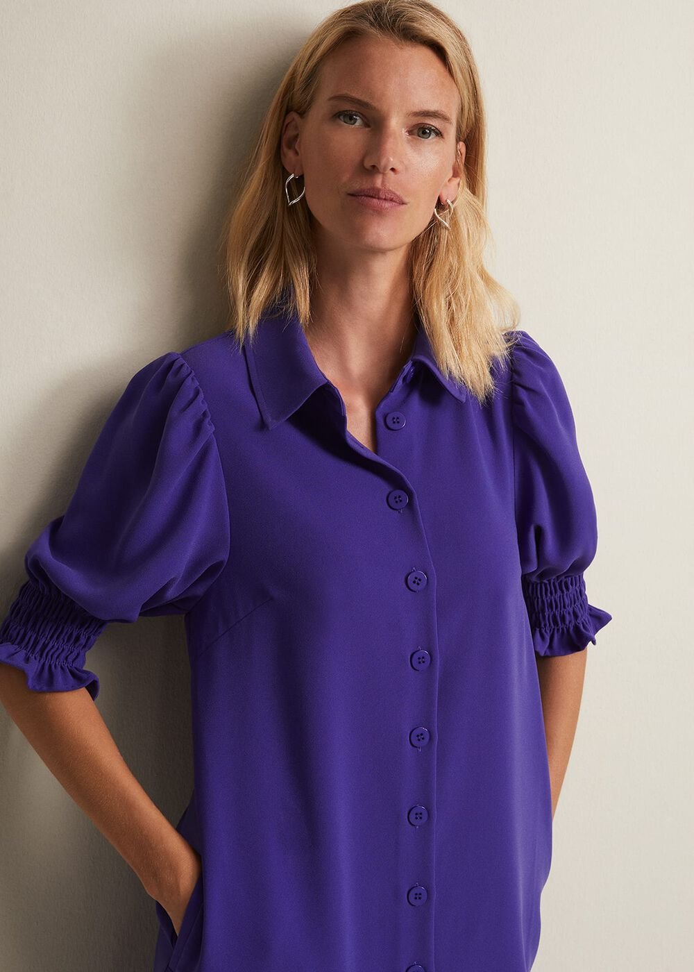 Purple Button Up Midi Dress With Ruched Sleeves - Purple
