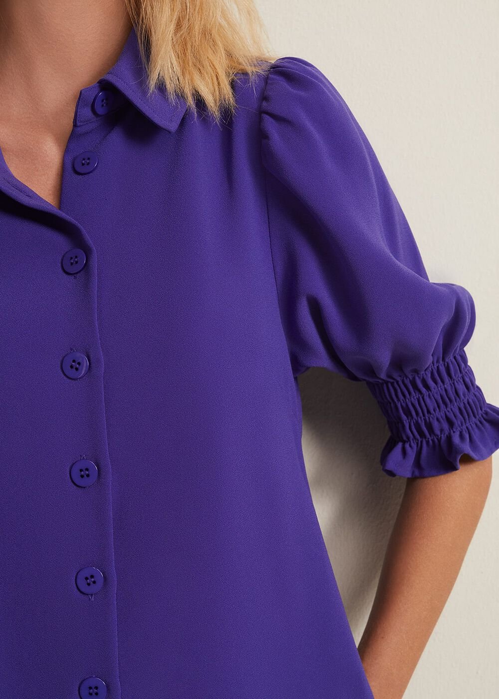 Purple Button Up Midi Dress With Ruched Sleeves - Purple