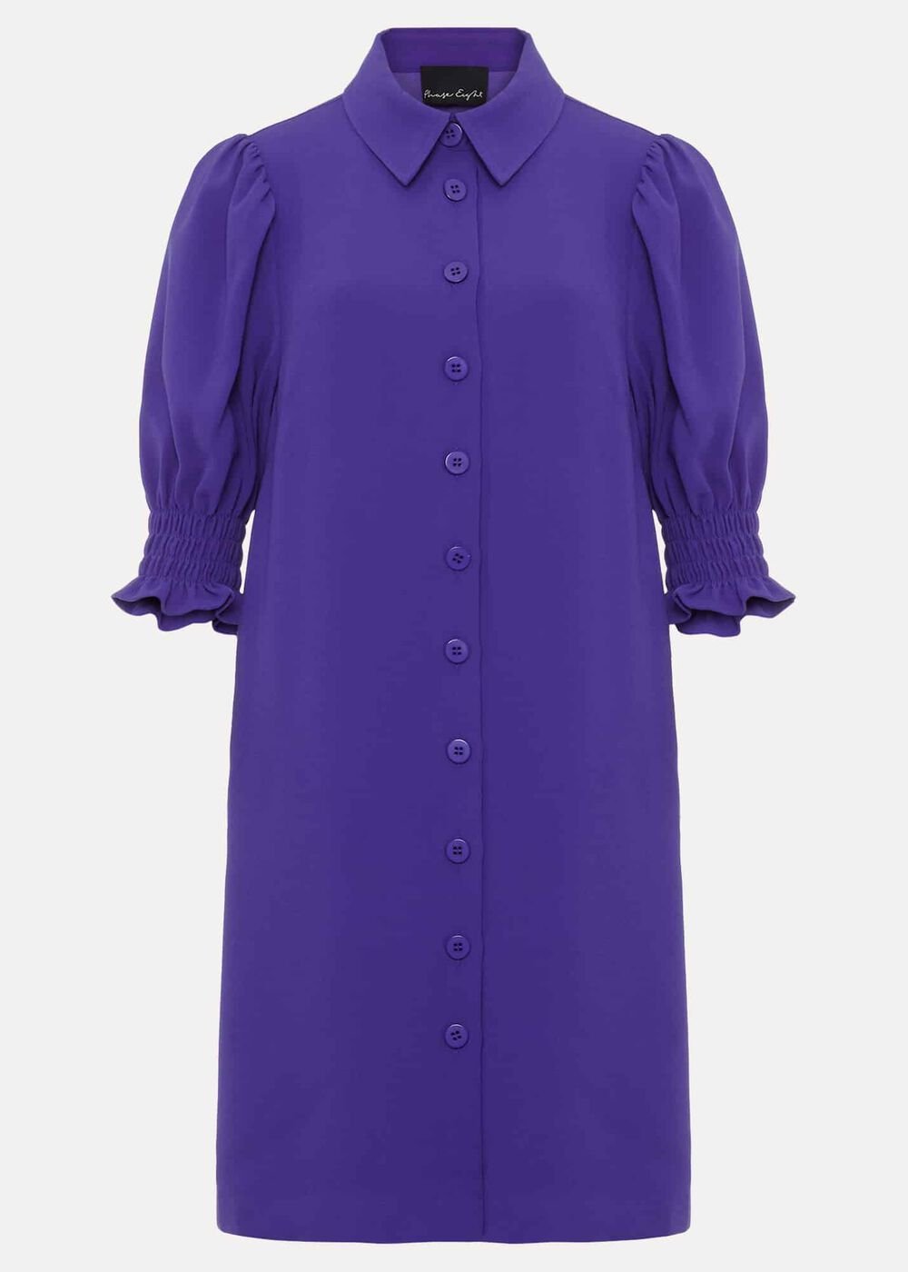 Purple Button Up Midi Dress With Ruched Sleeves - Purple