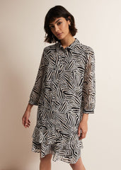 Black & White Zebra Print Button Down Shirt Dress - Stone/Ivory
