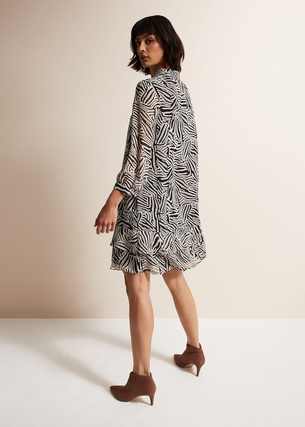 Black & White Zebra Print Button Down Shirt Dress - Stone/Ivory