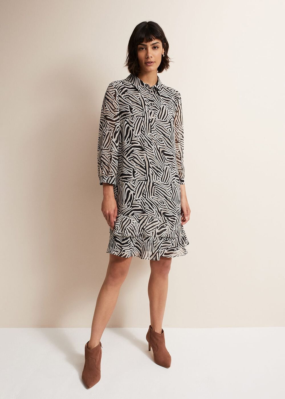 Black & White Zebra Print Button Down Shirt Dress - Stone/Ivory