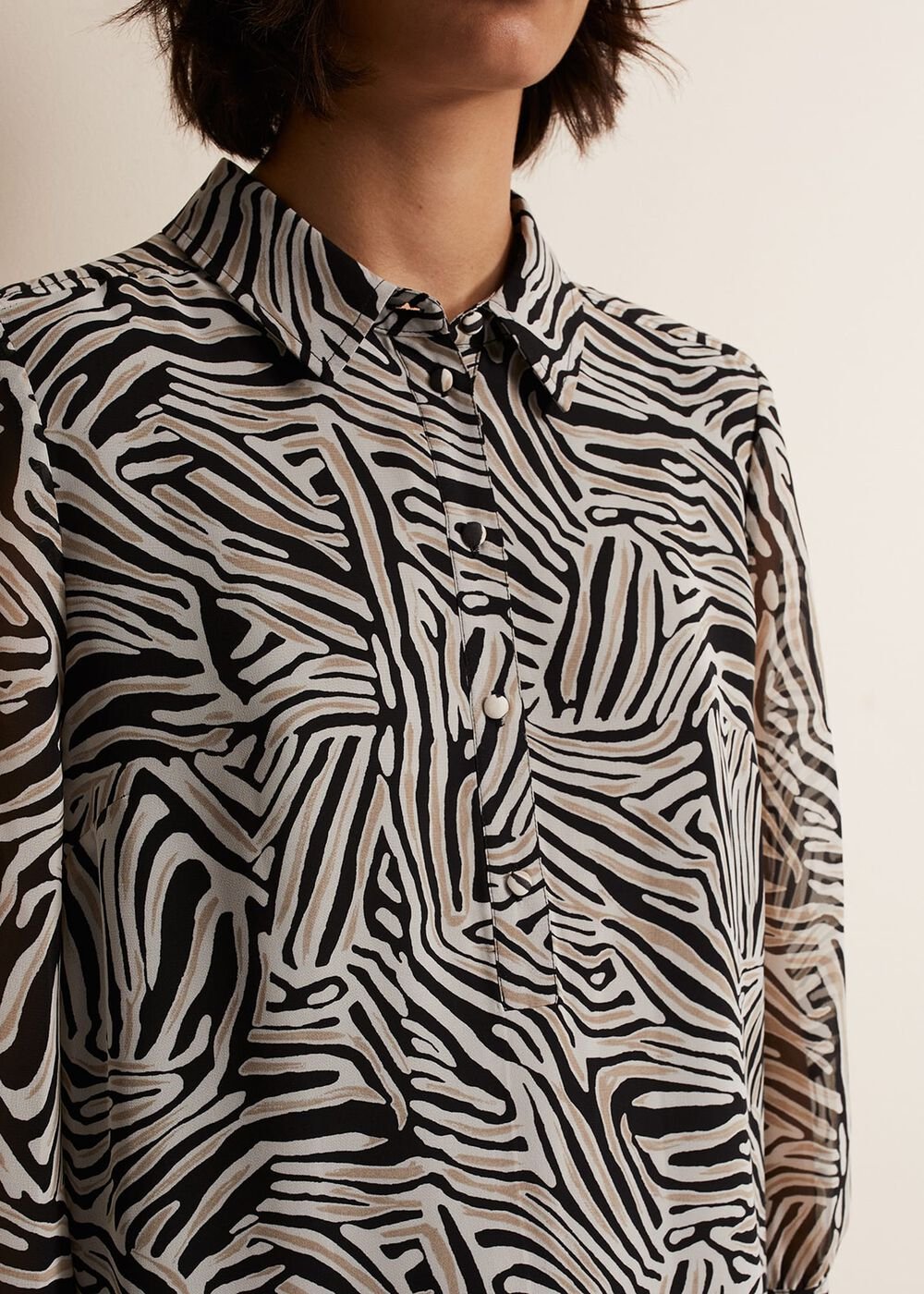 Black & White Zebra Print Button Down Shirt Dress - Stone/Ivory