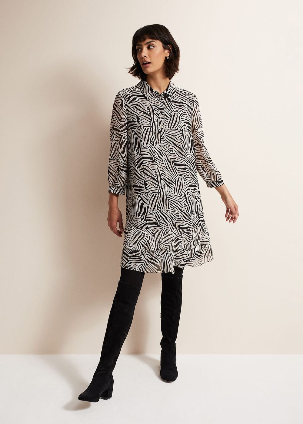 Black & White Zebra Print Button Down Shirt Dress - Stone/Ivory