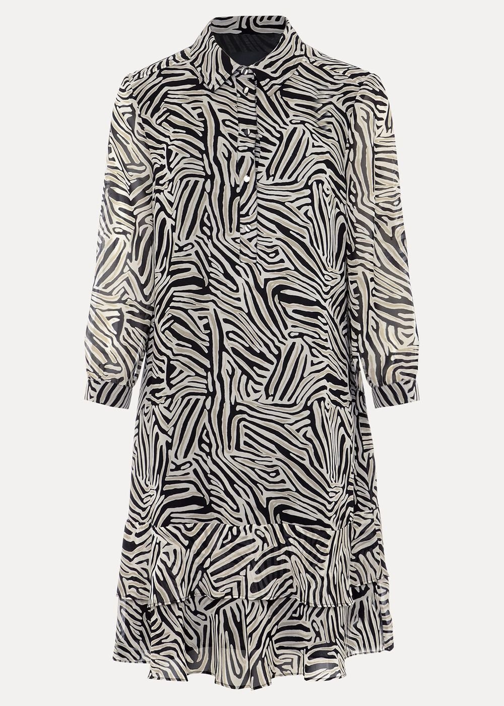 Black & White Zebra Print Button Down Shirt Dress - Stone/Ivory