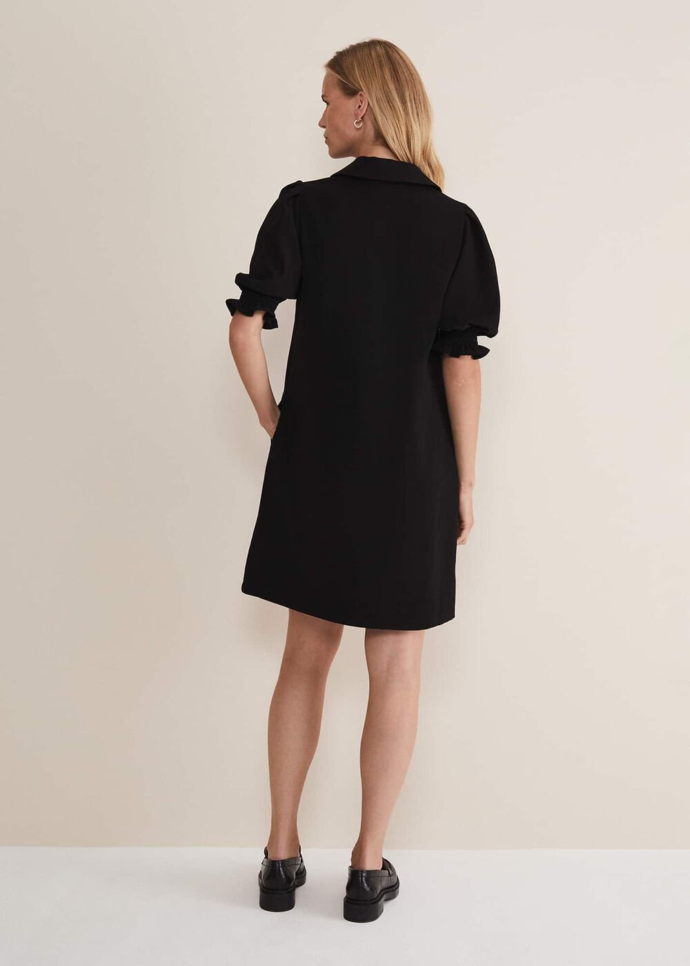 Black Zip Up Mini Dress With Frill Sleeve Cuffs - Black