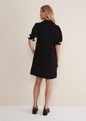 Black Zip Up Mini Dress With Frill Sleeve Cuffs - Black