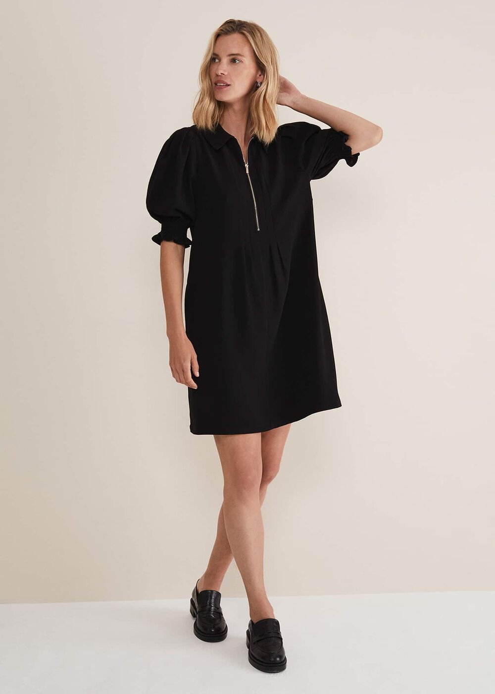 Black Zip Up Mini Dress With Frill Sleeve Cuffs - Black