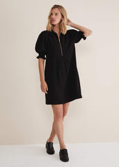 Black Zip Up Mini Dress With Frill Sleeve Cuffs - Black