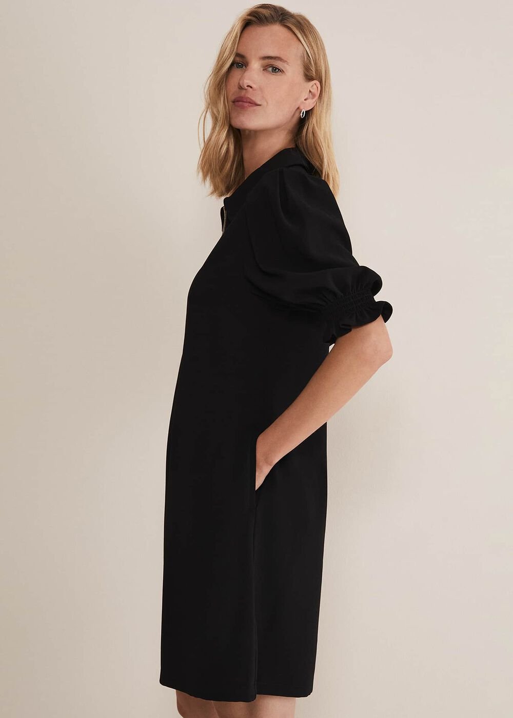 Black Zip Up Mini Dress With Frill Sleeve Cuffs - Black