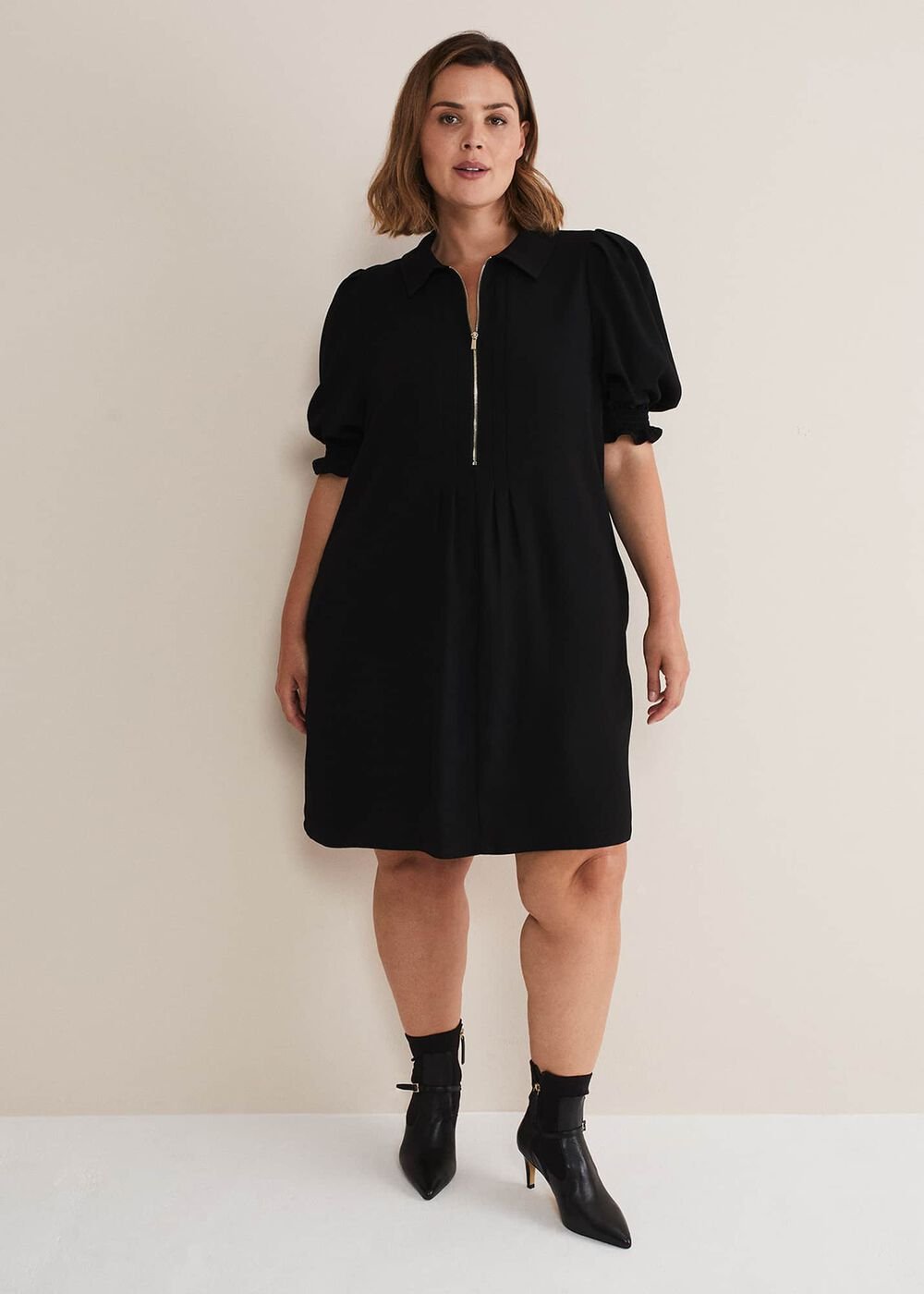 Black Zip Up Mini Dress With Frill Sleeve Cuffs - Black