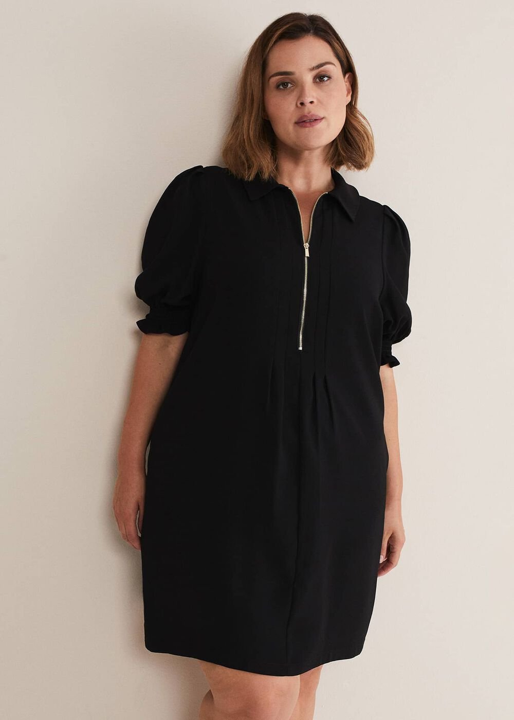 Black Zip Up Mini Dress With Frill Sleeve Cuffs - Black