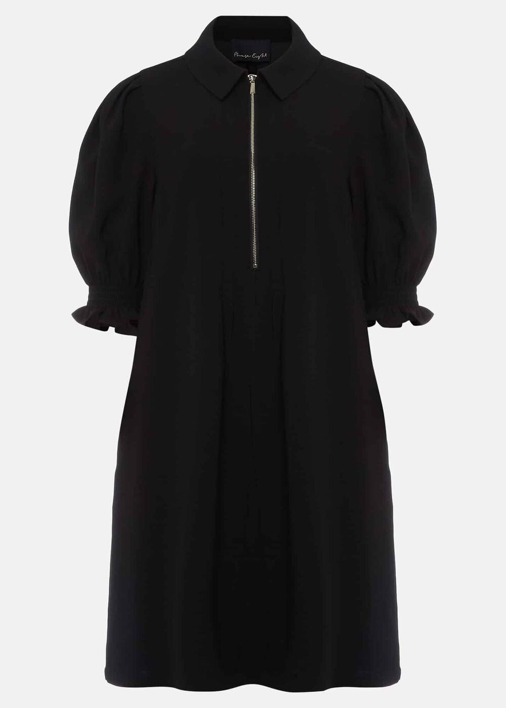 Black Zip Up Mini Dress With Frill Sleeve Cuffs - Black