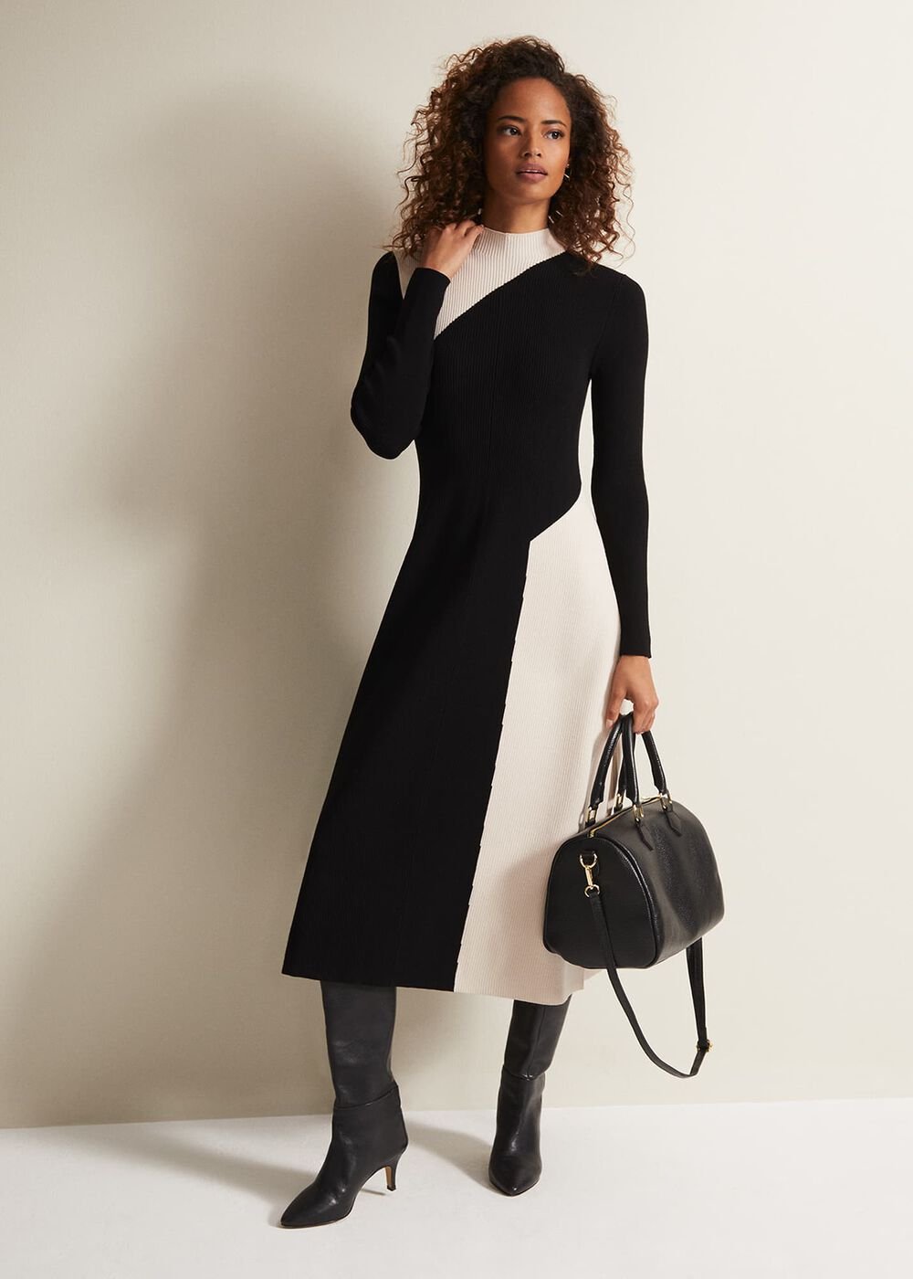 Black & White Monochrome Knitted Midaxi Dress - Black/Multi