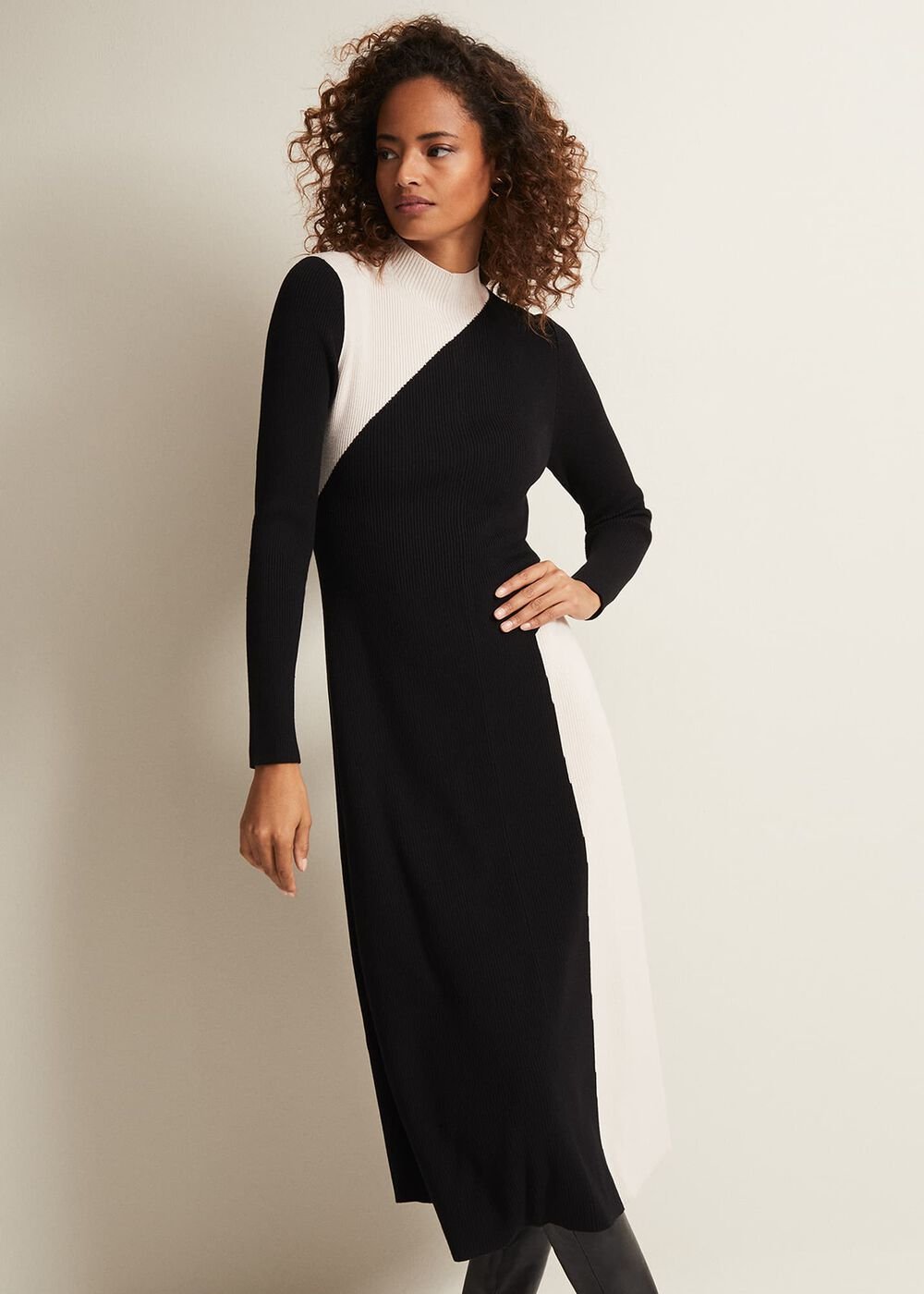 Black & White Monochrome Knitted Midaxi Dress - Black/Multi