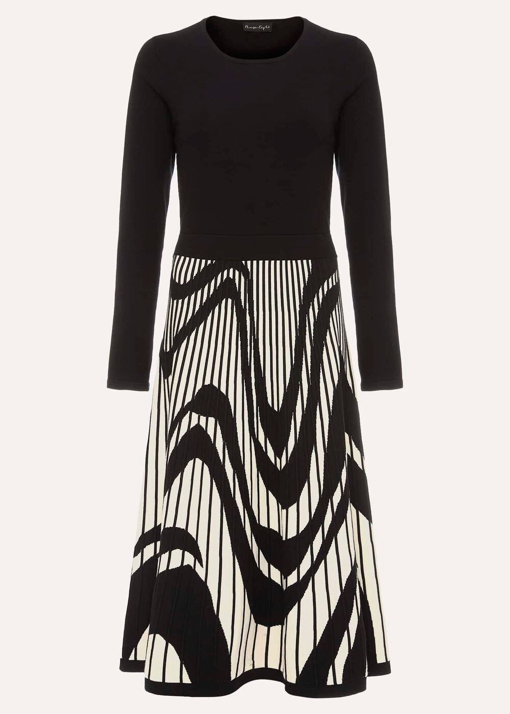 Black & White Fit & Flare Midi Dress with Abstract Print - Black/Ivory