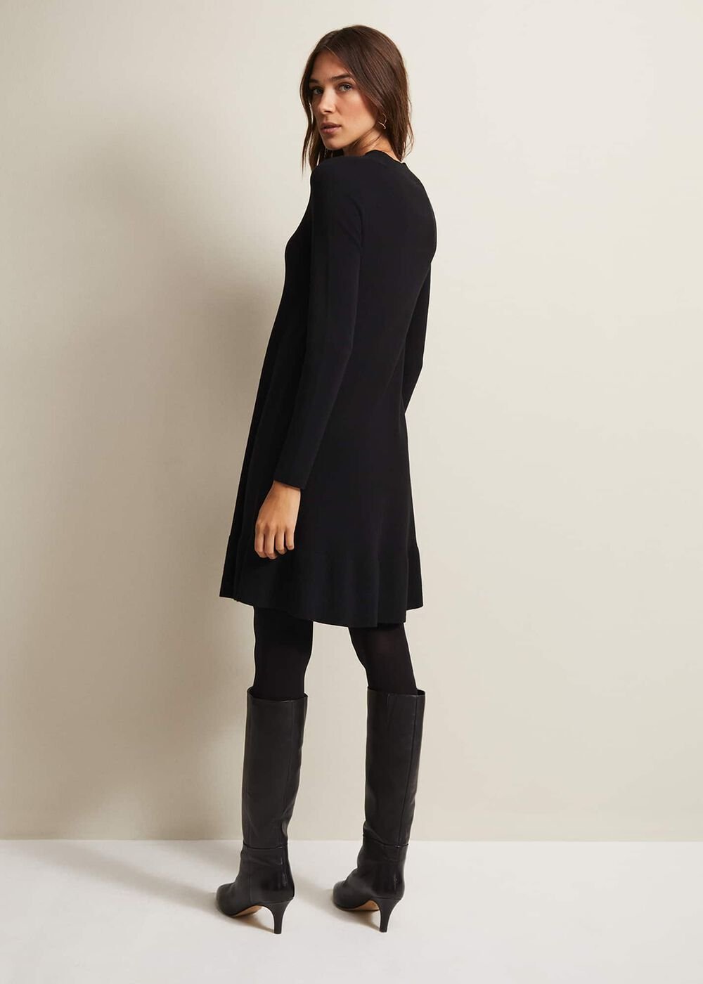 Black Fine Knit Mini Dress with Long Sleeves - Black