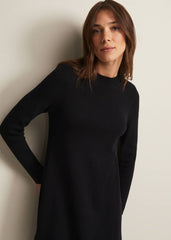 Black Fine Knit Mini Dress with Long Sleeves - Black