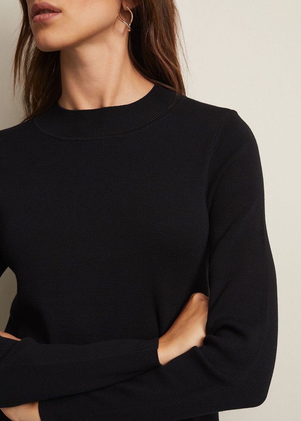Black Fine Knit Mini Dress with Long Sleeves - Black