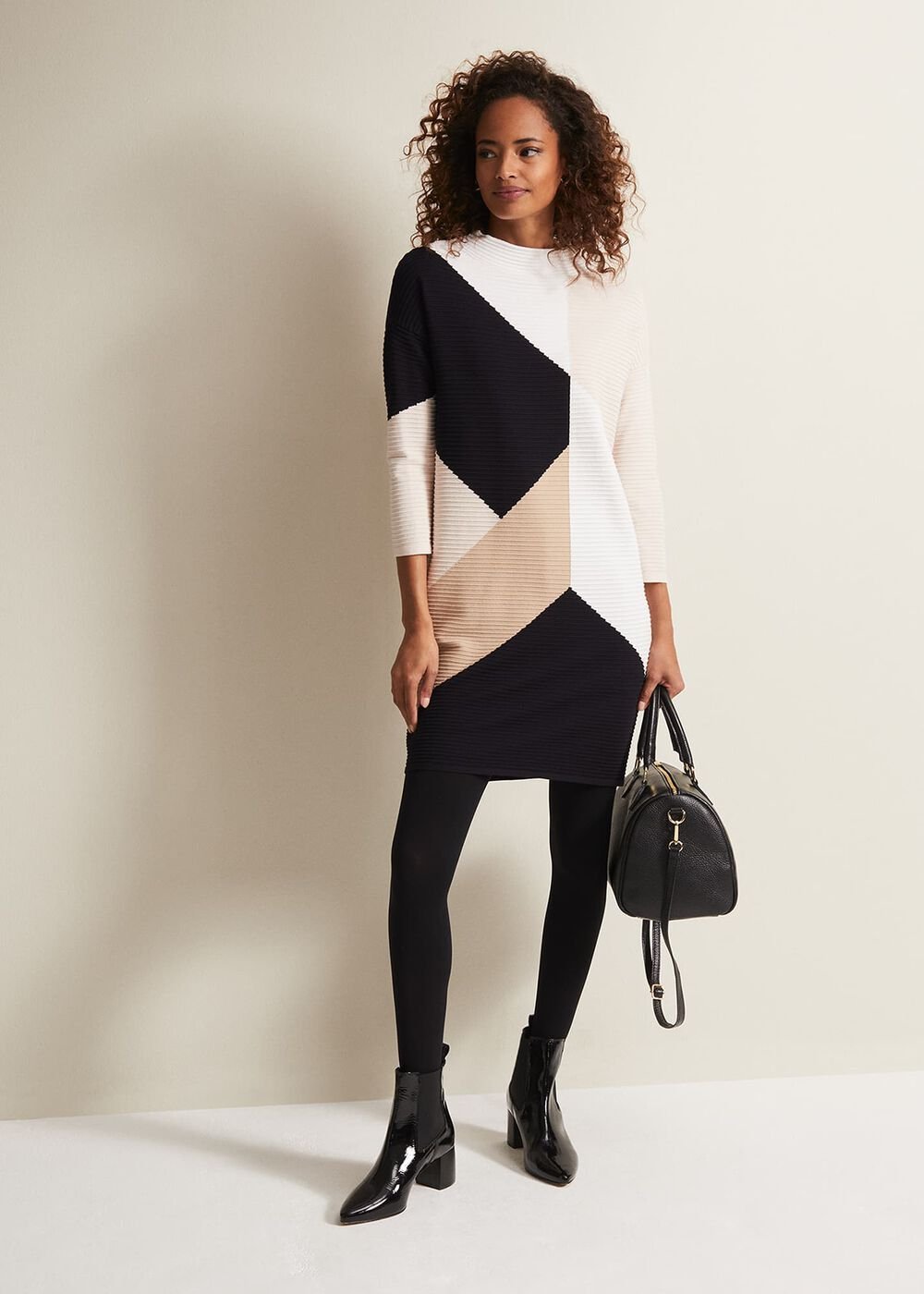 Black & White Ripple Textured Long Sleeve Dress - Multi-Coloured
