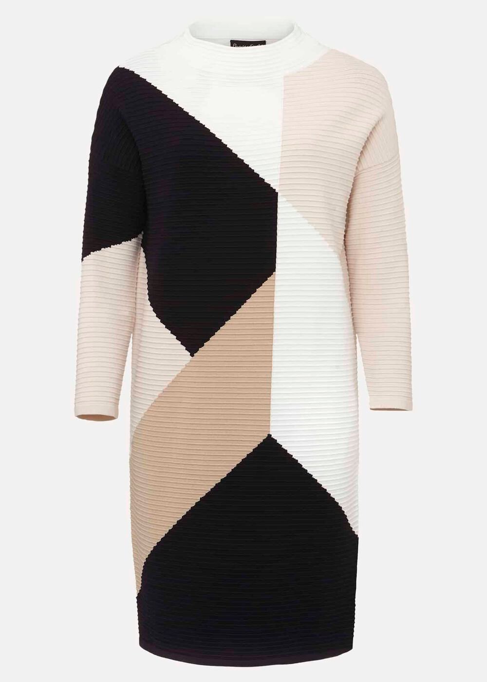 Black & White Ripple Textured Long Sleeve Dress - Multi-Coloured