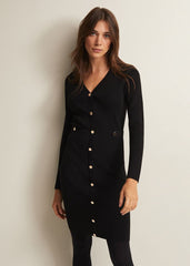 Black Knitted V-Neck Mini Dress with Long Sleeves - Black