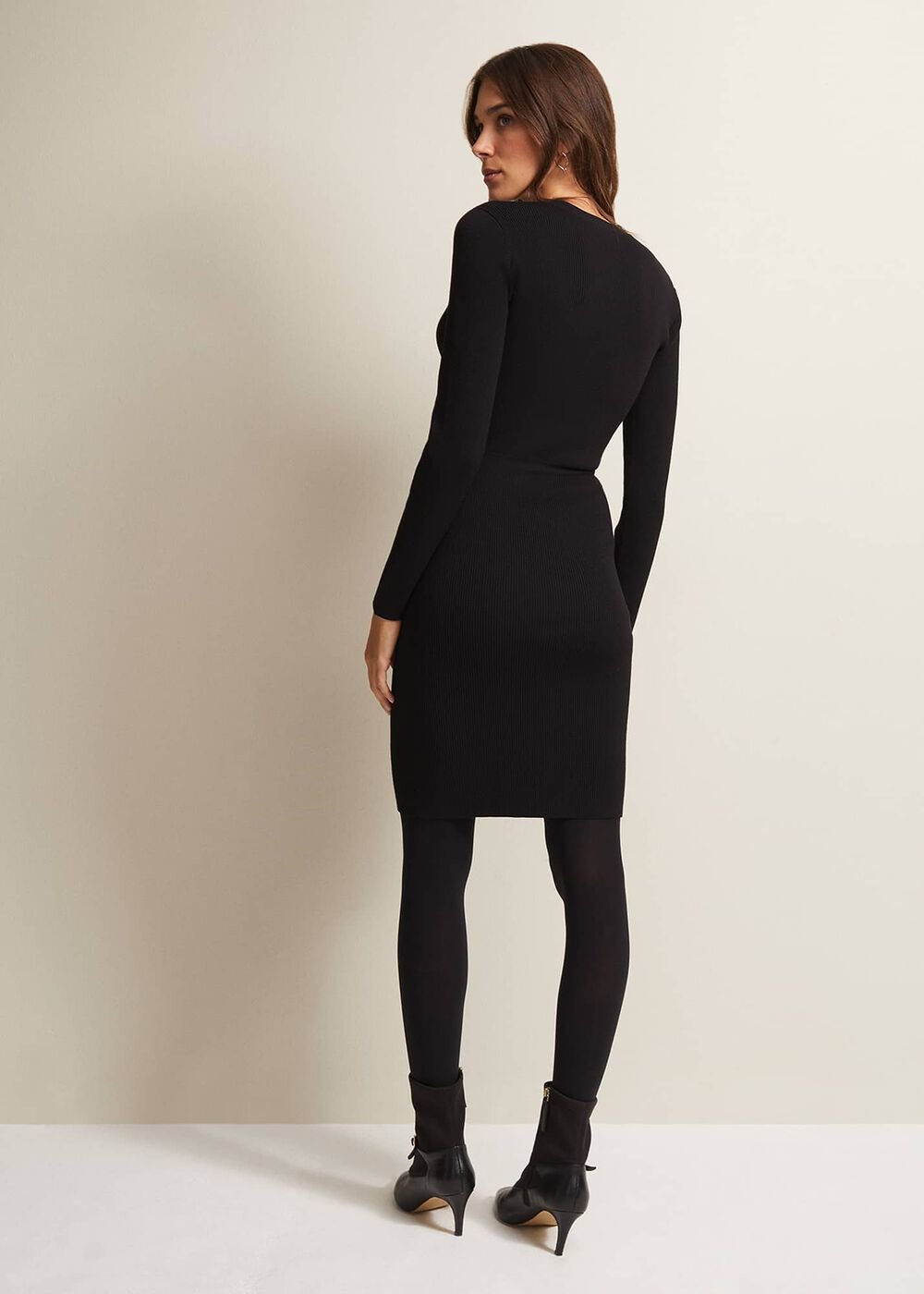 Black Knitted V-Neck Mini Dress with Long Sleeves - Black