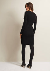 Black Knitted V-Neck Mini Dress with Long Sleeves - Black
