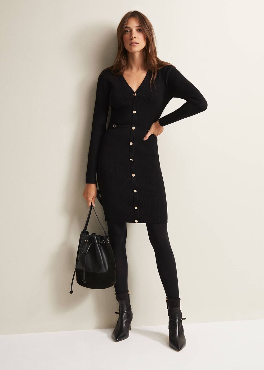 Black Knitted V-Neck Mini Dress with Long Sleeves - Black