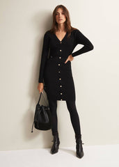 Black Knitted V-Neck Mini Dress with Long Sleeves - Black