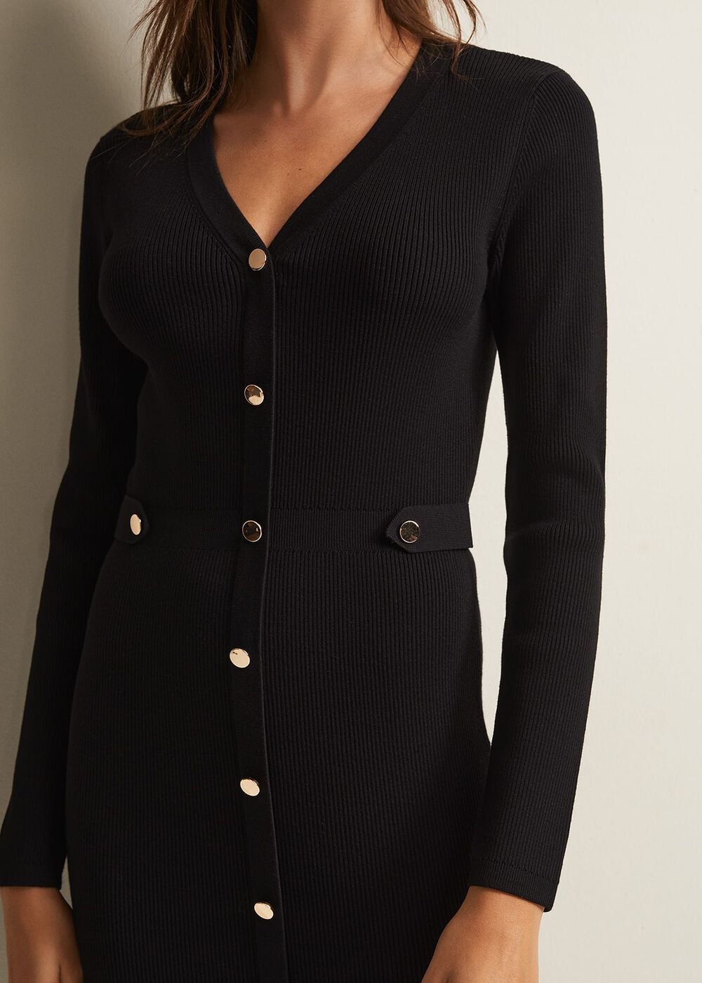 Black Knitted V-Neck Mini Dress with Long Sleeves - Black