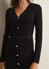 Black Knitted V-Neck Mini Dress with Long Sleeves - Black