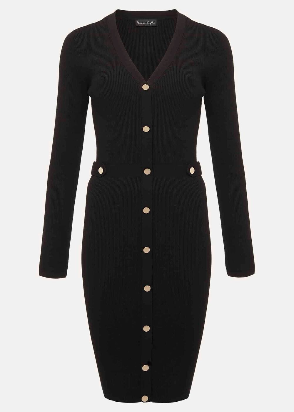 Black Knitted V-Neck Mini Dress with Long Sleeves - Black