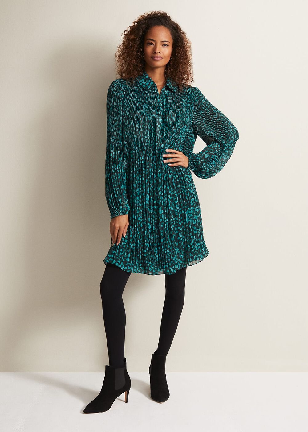 Green Ditzy Print Pleated Midi Dress With Long Sleeves - Green