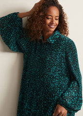 Green Ditzy Print Pleated Midi Dress With Long Sleeves - Green