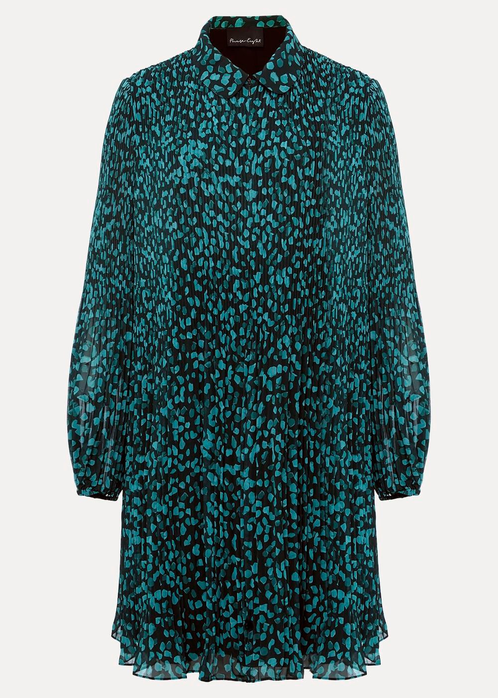 Green Ditzy Print Pleated Midi Dress With Long Sleeves - Green