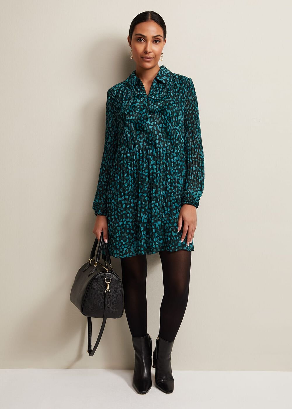 Petite Teal Ditzy Floral Print Pleated Mini Dress - Green