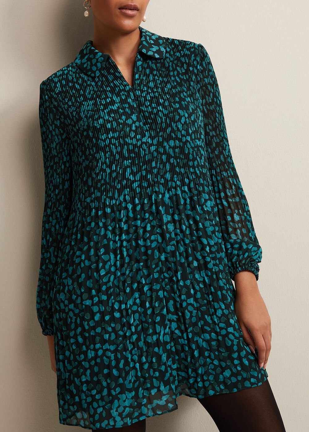 Petite Teal Ditzy Floral Print Pleated Mini Dress - Green
