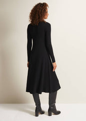 Black Fit & Flare Dress with V-Neck & Long Sleeves - Black