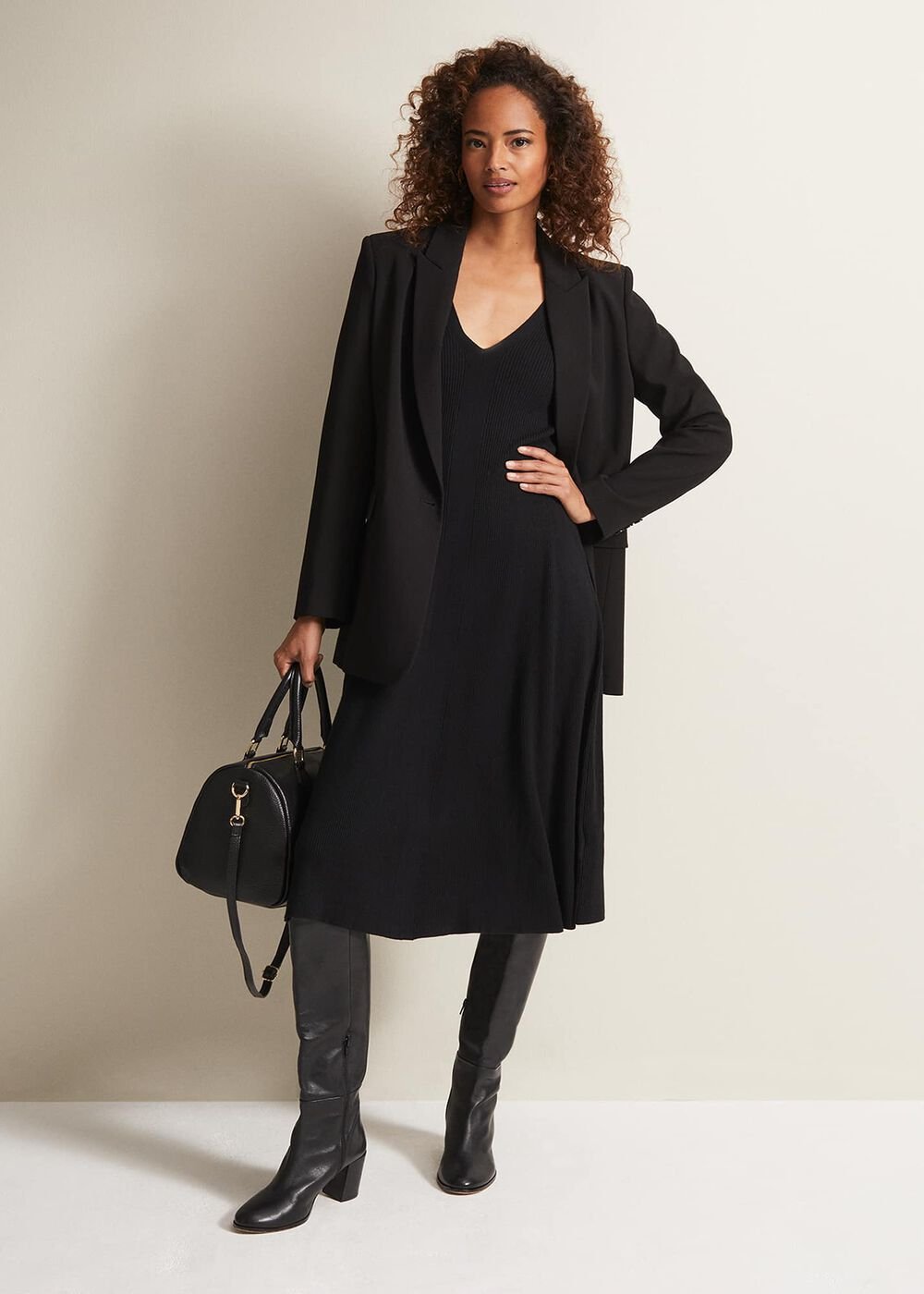 Black Fit & Flare Dress with V-Neck & Long Sleeves - Black