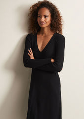 Black Fit & Flare Dress with V-Neck & Long Sleeves - Black