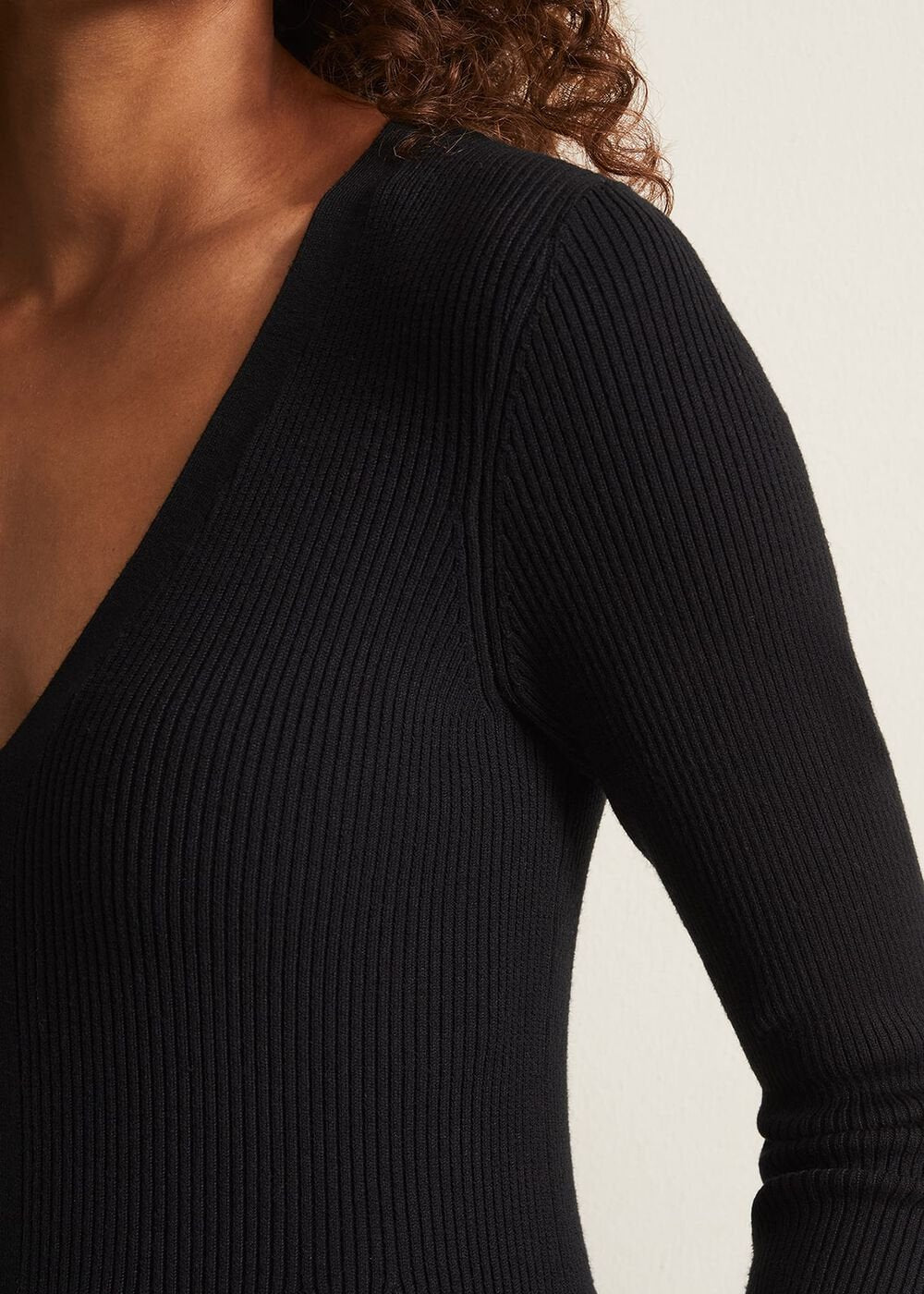 Black Fit & Flare Dress with V-Neck & Long Sleeves - Black