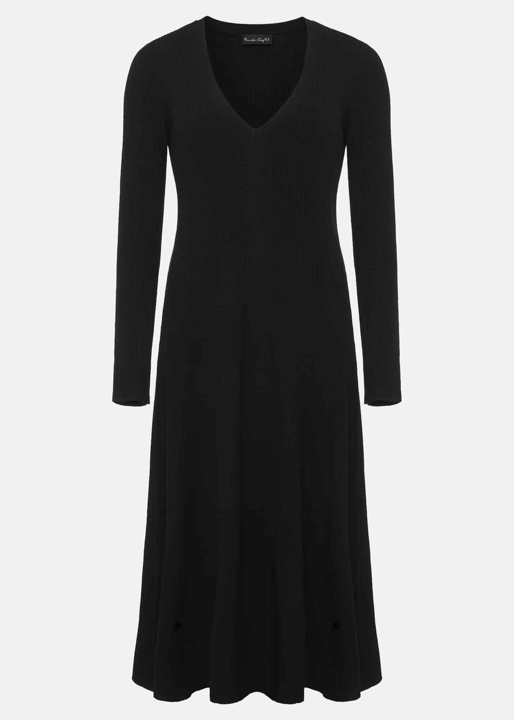 Black Fit & Flare Dress with V-Neck & Long Sleeves - Black