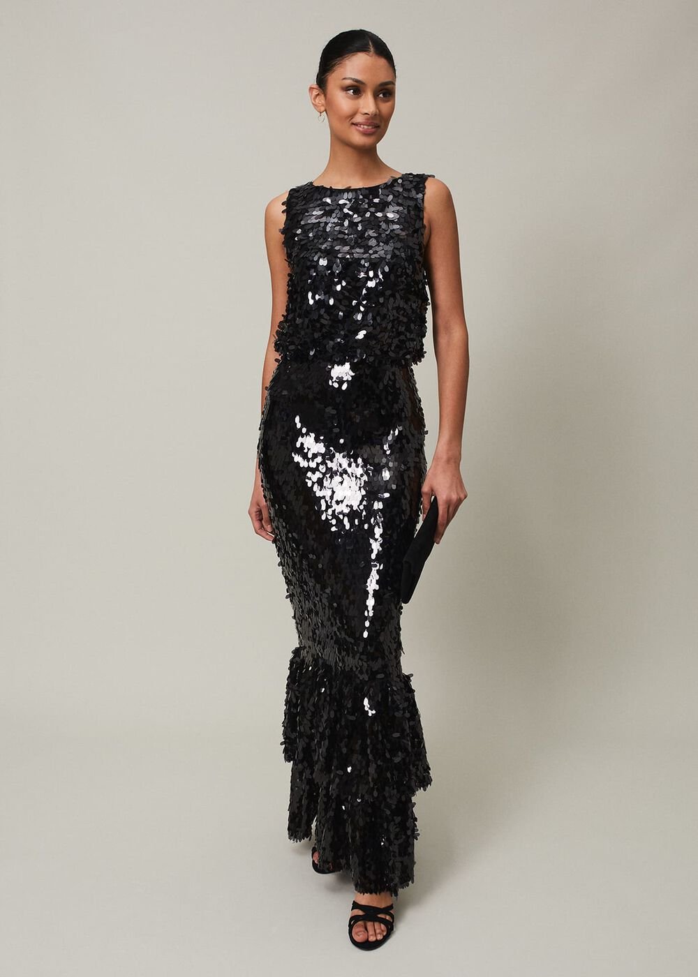 Elena Black Sequin Tiered Maxi Dress - Black