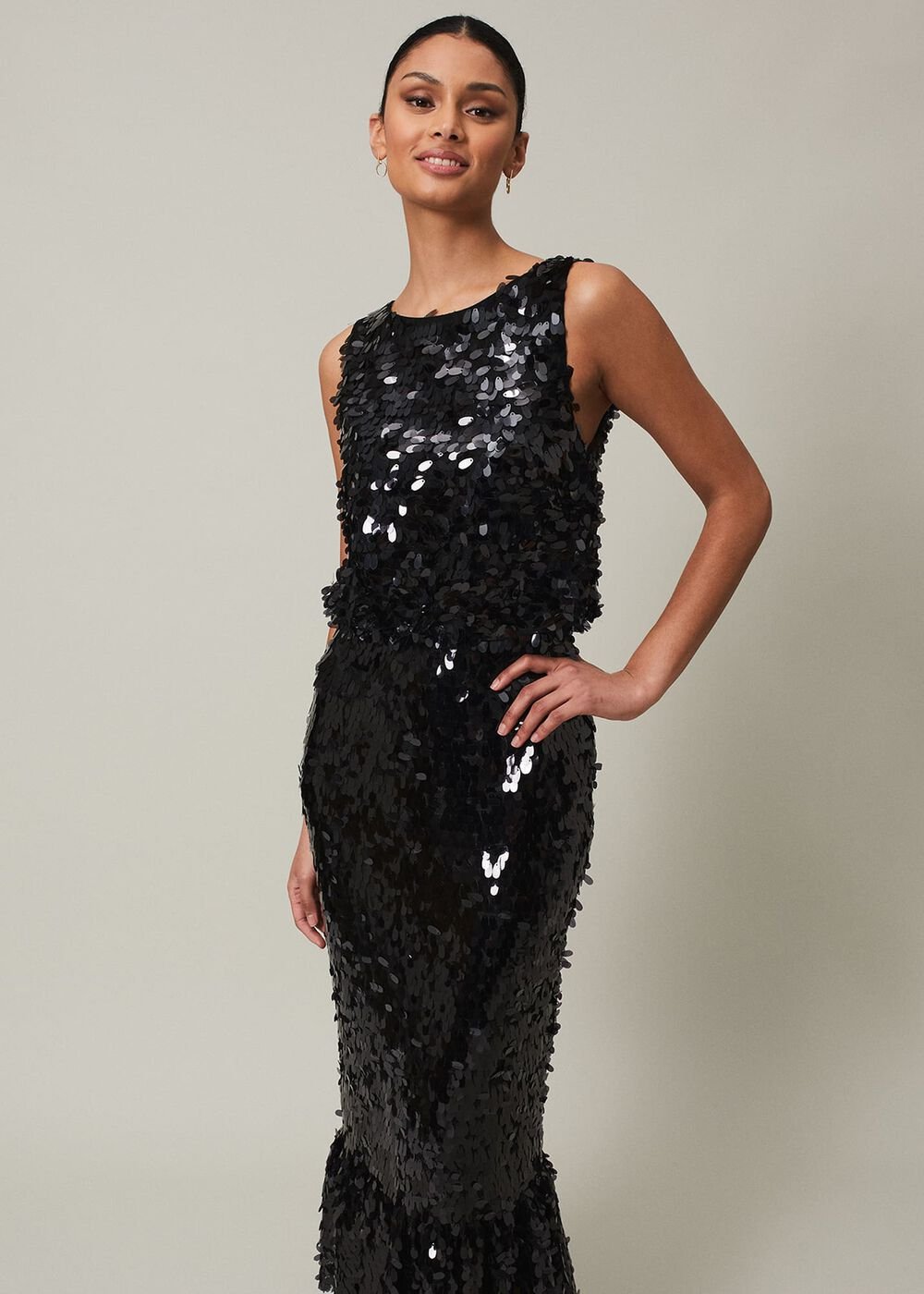 Elena Black Sequin Tiered Maxi Dress - Black