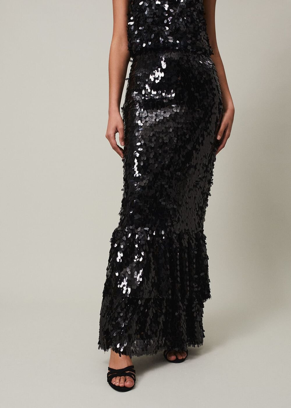 Elena Black Sequin Tiered Maxi Dress - Black