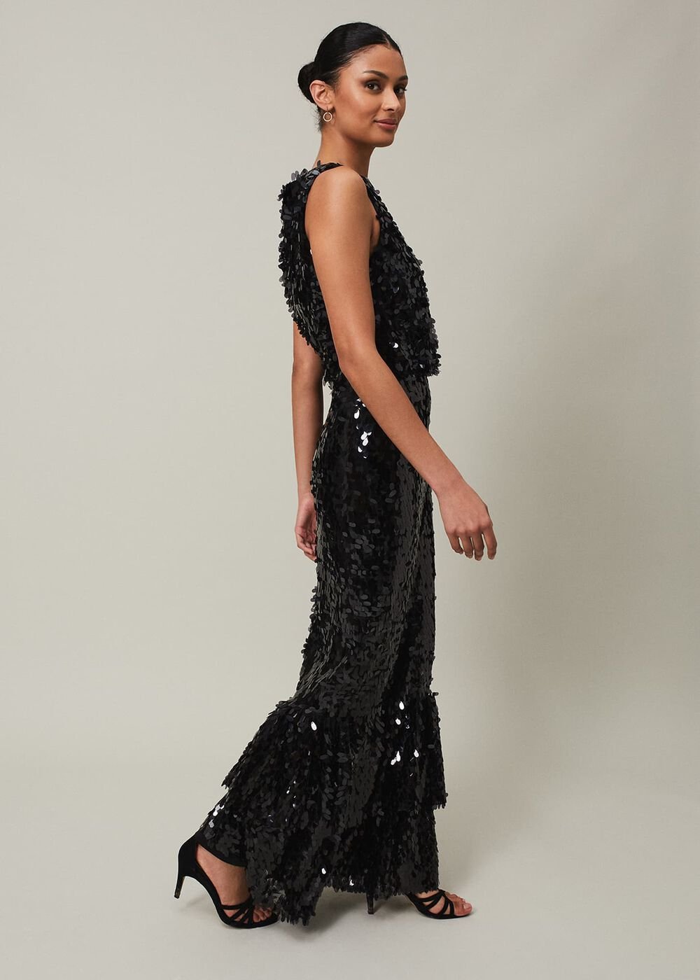 Elena Black Sequin Tiered Maxi Dress - Black